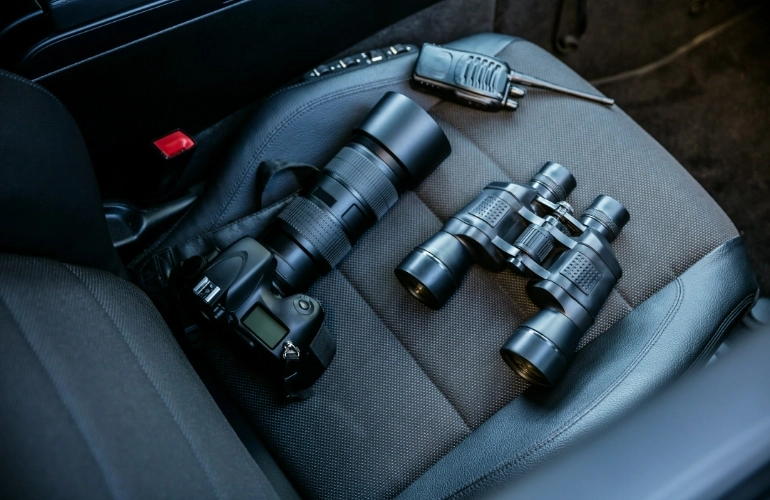 lornetka aparat fotograficzny na siedzeniu samochodu